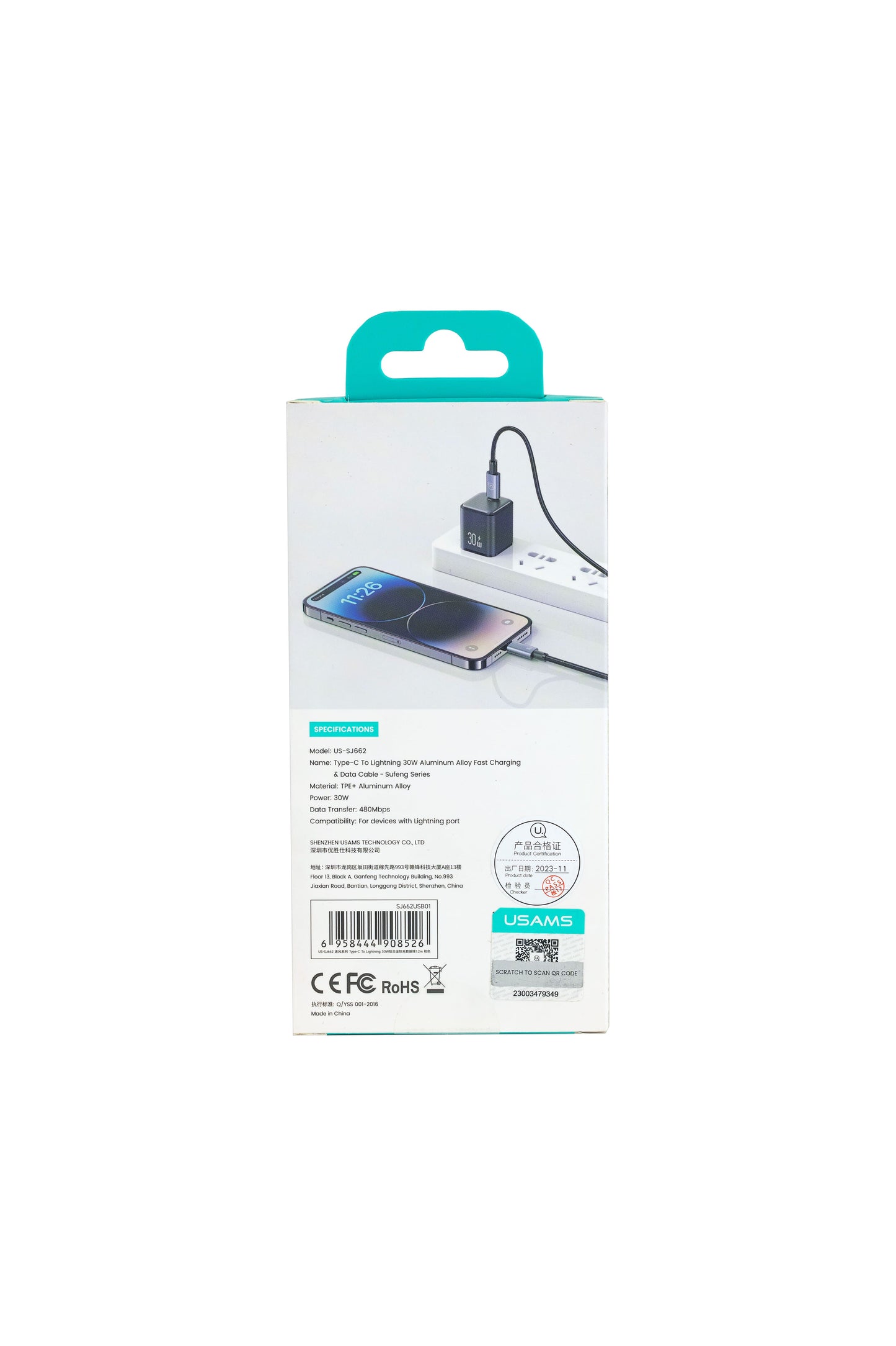 Кабель USAMS US-SJ662 Type C to Lightning 30W Aluminum Alloy Fast Charging 1.2 м